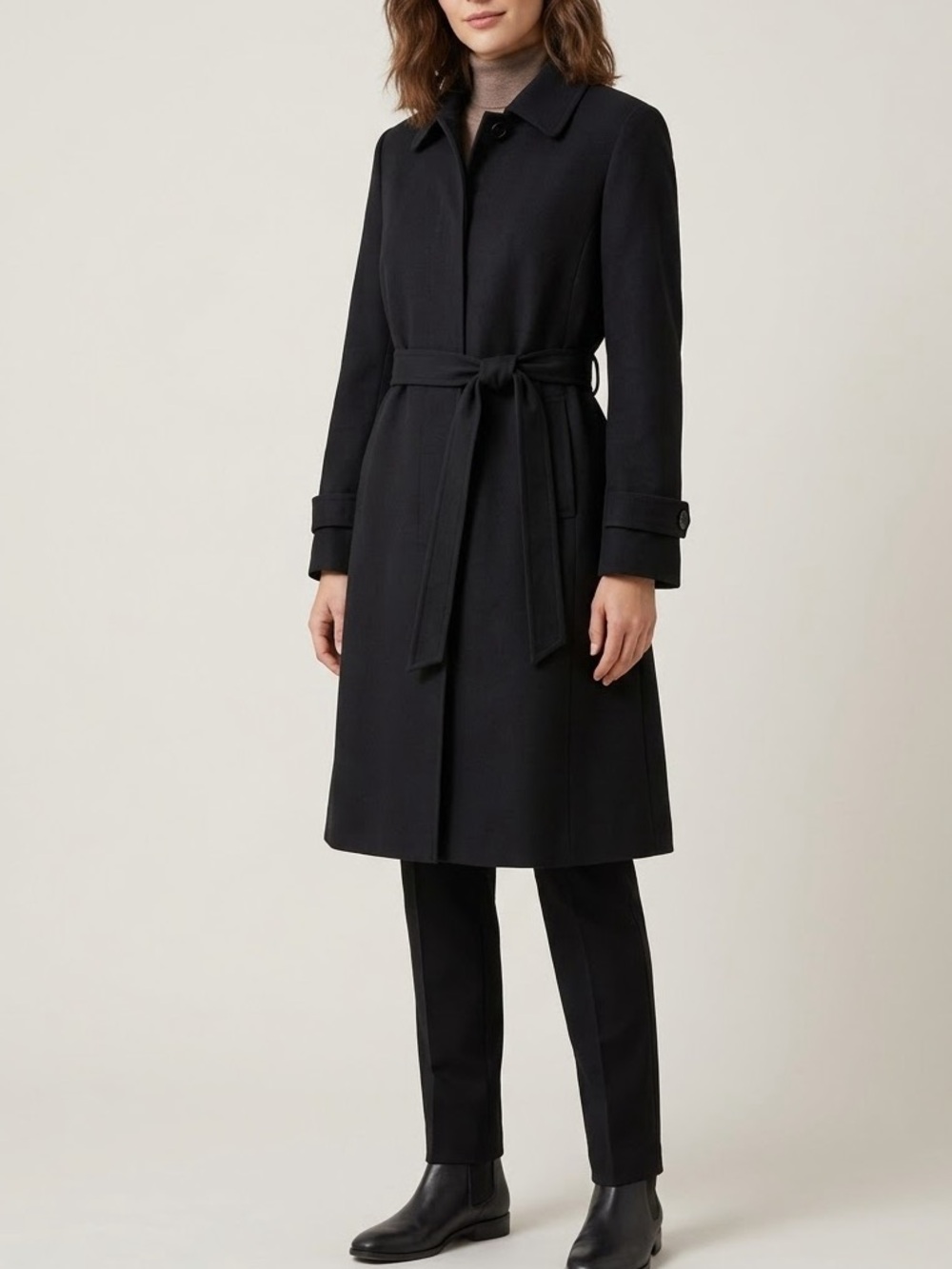 Black Belted Trench Coat Hidden Button Soft Fabric Longline Jacket Pockets